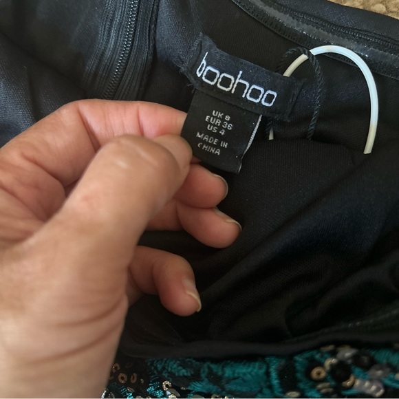 Boohoo | Petite Damask Sequin Bandeau Midi Dress - Picture 8 of 13